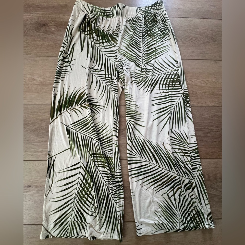 Zara Tropical Palm Leaf Print Wide-Leg Pants, size L
